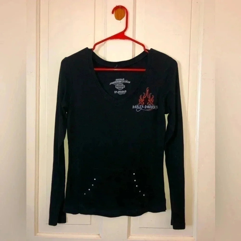 Harley Davidson V Neck Long Sleeve Studded Flame Logo Top *Flaws* Size XS